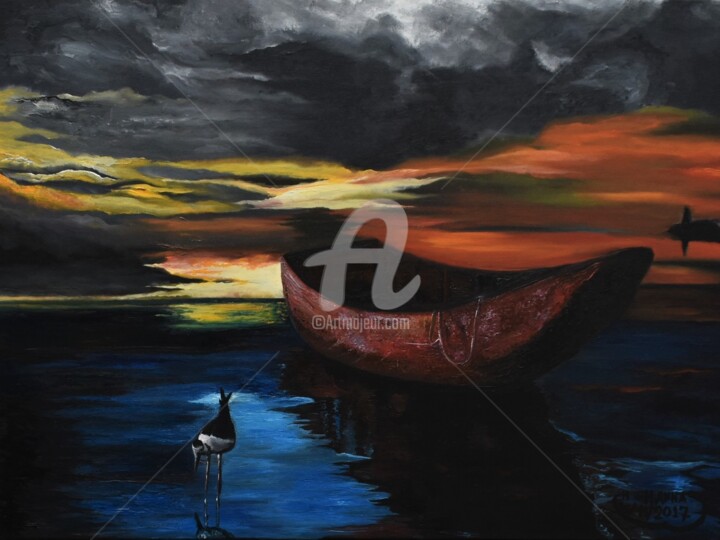 Schilderij getiteld "Sunset kayak and bi…" door Joky, Origineel Kunstwerk, Olie