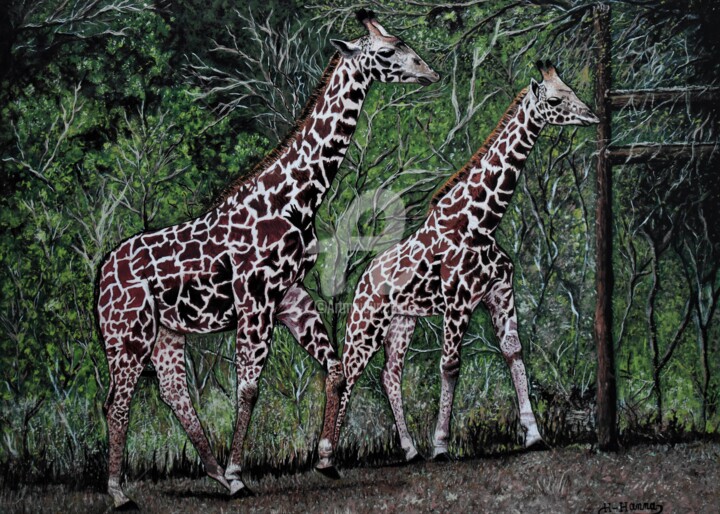 Painting titled "Giraffes painting,…" by Joky, Original Artwork, Oil