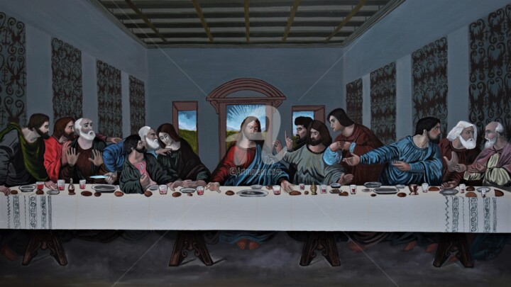 Schilderij getiteld "jesus painting the…" door Joky, Origineel Kunstwerk, Olie