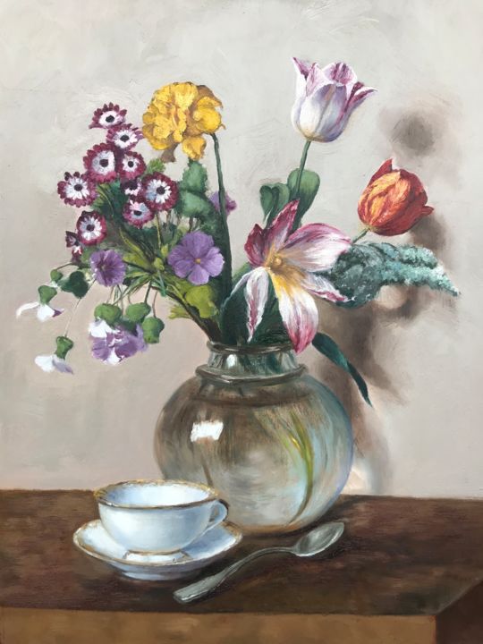 Schilderij getiteld "Flower still life" door Jolanta Limonada, Origineel Kunstwerk, Olie