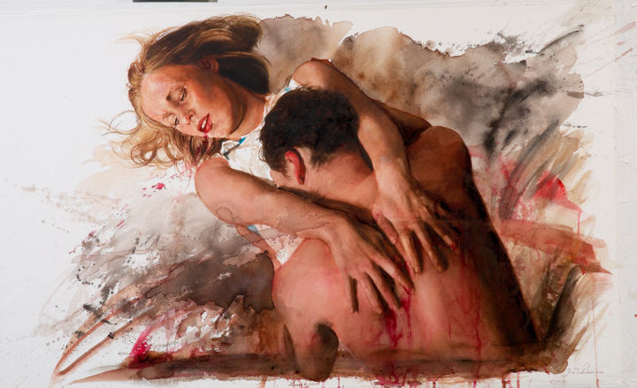 Peinture intitulée "Romeo & Juliet 3" par Jon Bøe Paulsen, Œuvre d'art originale, Aquarelle