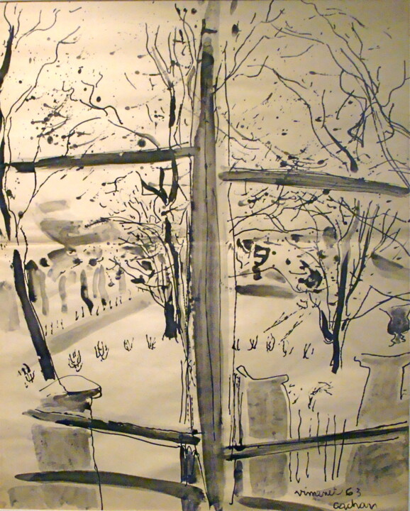 Dessin intitulée "Parc Cachan, hiver" par Jon Von, Œuvre d'art originale