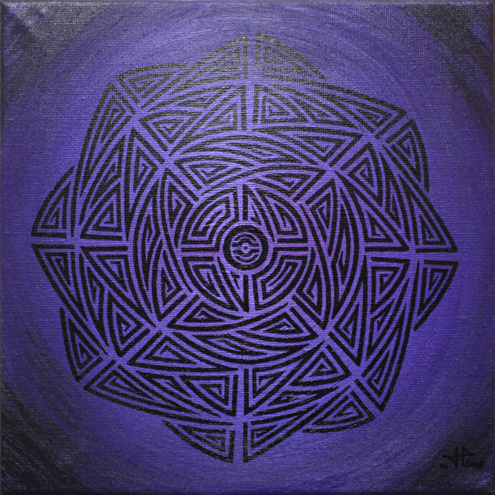 Schilderij getiteld "Violet tribal" door Jonathan Pradillon, Origineel Kunstwerk, Acryl Gemonteerd op Frame voor houten bran…