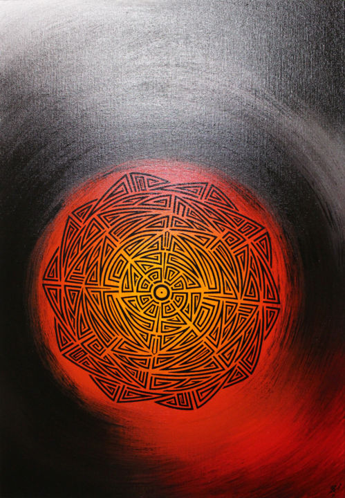 Картина под названием "Soleil tribal." - Jonathan Pradillon, Подлинное произведение искусства, Акрил Установлен на картон