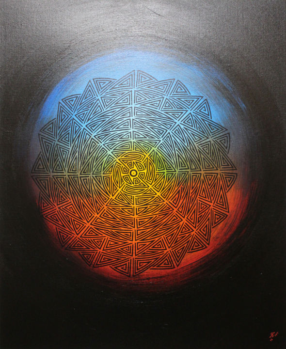 「Astre tribal.」というタイトルの絵画 Jonathan Pradillonによって, オリジナルのアートワーク, アクリル 段ボールにマウント