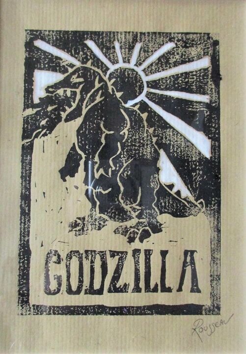 Gravures & estampes intitulée "Linogravure Godzilla" par Jordan Rousseau, Œuvre d'art originale, Linogravures
