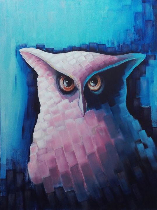 Painting titled "owl portrait" by Jorge Albuquerque, Original Artwork, Acrylic