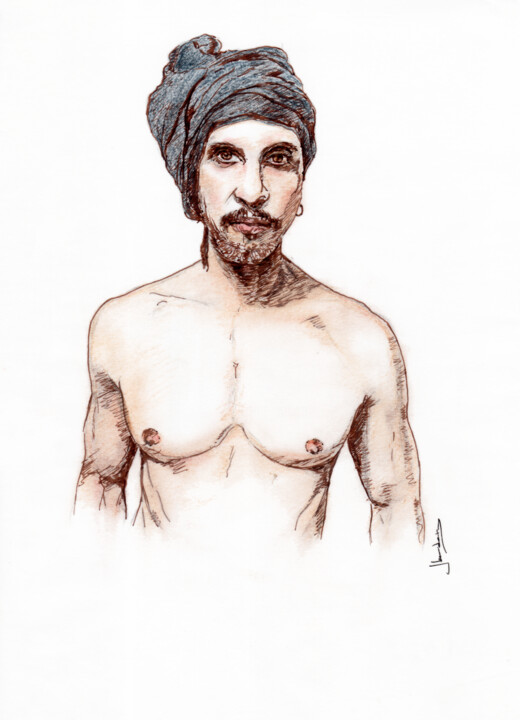 Drawing titled "Barry bare chest po…" by Jorge Bandarra, Original Artwork, Ink
