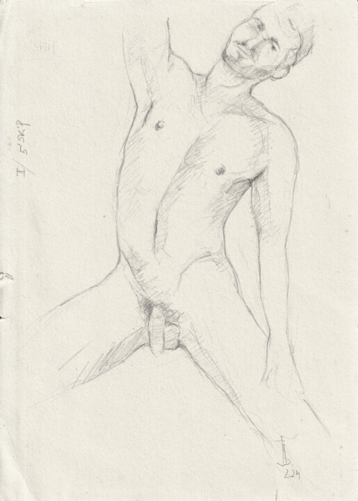 Drawing titled "Skip, nude yoga pos…" by Jorge Bandarra, Original Artwork, Graphite