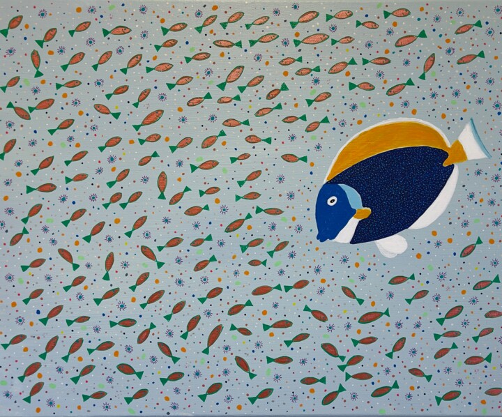 Schilderij getiteld "Blue Tang" door Jorge Gonzalez, Origineel Kunstwerk, Acryl Gemonteerd op Frame voor houten brancard