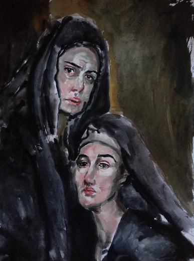 Pintura intitulada "Duas Marias ( Two M…" por Jorge Quiros, Obras de arte originais, Aquarela