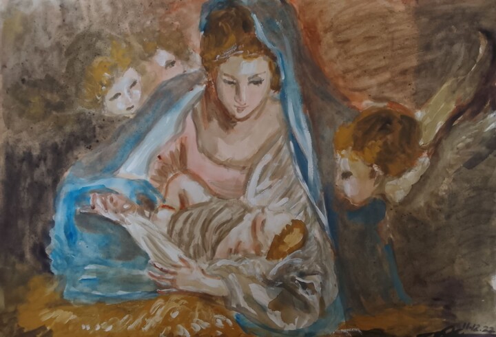Pintura intitulada "O nascimento de Jes…" por Jorge Quiros, Obras de arte originais, Aquarela