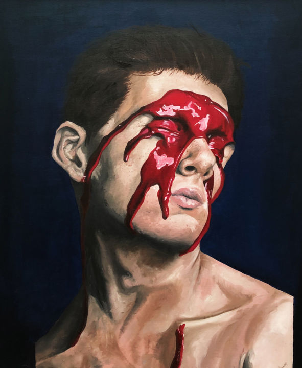 Ζωγραφική με τίτλο "Red paint over male…" από Eduardo Montejo, Αυθεντικά έργα τέχνης, Λάδι