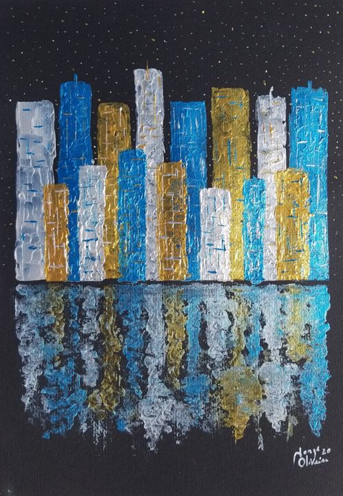 Painting titled "Starry City" by Jorge Oliveira, Original Artwork, Acrylic
