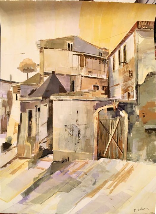 Pintura intitulada "Casas em Santa Clar…" por Jorge Vieira, Obras de arte originais, Têmpera