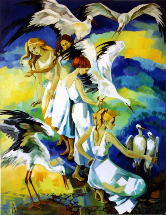 Pintura titulada "Le retour des cigog…" por Jori Duran, Obra de arte original, Oleo