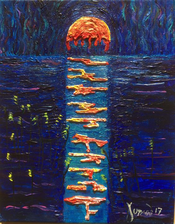 Painting titled ""Coucher de lune ro…" by François Jornod, Original Artwork, Acrylic