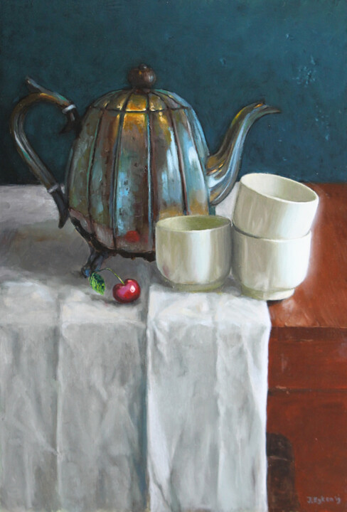 Painting titled "Kan met koffiemokken" by Jos Eijken, Original Artwork, Oil