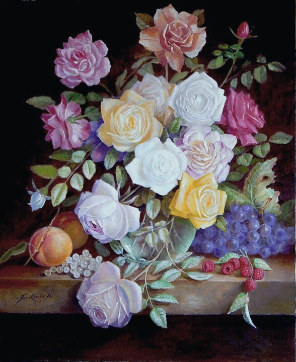 Painting titled ""Roses from my gard…" by Jos Kivits, Original Artwork, Oil