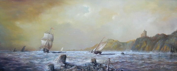 Painting titled ""Entering a harbour…" by Jos Kivits, Original Artwork, Oil