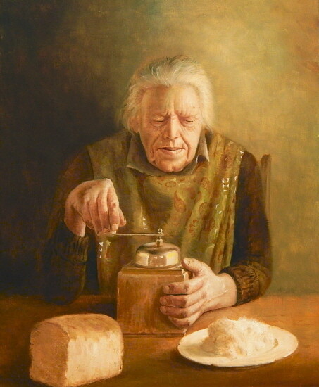 Painting titled "Old lady grinding c…" by Jos Kivits, Original Artwork, Oil Mounted on Wood Panel