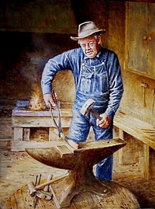 Schilderij getiteld "Old blacksmith in h…" door Jos Kivits, Origineel Kunstwerk, Olie Gemonteerd op Houten paneel