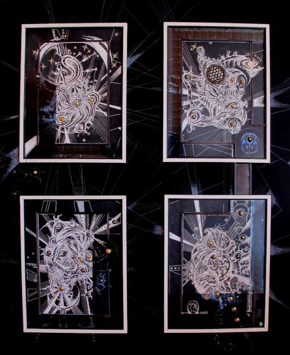 Gravures & estampes intitulée "Les 4 Molécules de…" par Marc Troupel (Josabel 451), Œuvre d'art originale, Carte à gratter