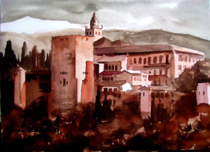 Картина под названием "Alhambra y Sierra N…" - Jose Camero Hernandez, Подлинное произведение искусства, Акварель