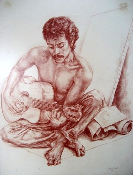 Painting titled "GUITARRISTA" by José Espinoza Moraila Pintor Mexicano, Original Artwork