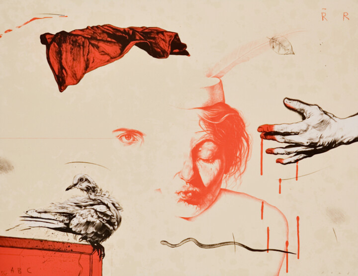 Druckgrafik mit dem Titel "Haunted Memories" von Jose Fors, Original-Kunstwerk, Lithographie