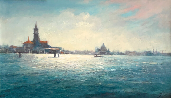 Painting titled "Venice at noon sun…" by Jose Gil, Original Artwork, Oil Mounted on Wood Panel