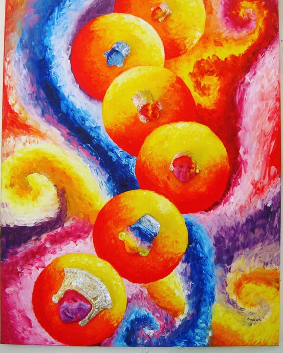 Painting titled "Cosmovisión Maya" by José Godoy, Original Artwork, Oil Mounted on Wood Stretcher frame