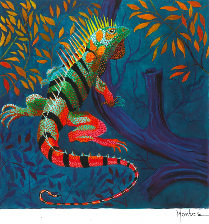 Painting titled "Iguana Iguana" by José Luis Montes, Original Artwork, Acrylic