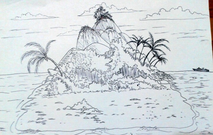 Drawing titled "Ilha da pedra peluda" by Jose Luis, Original Artwork, Ballpoint pen