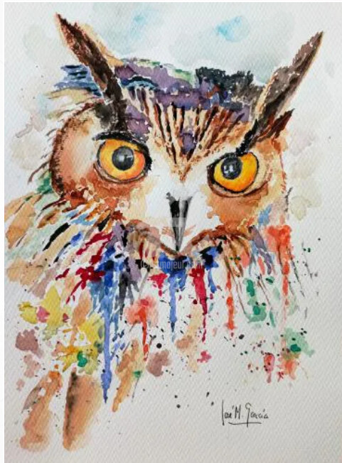 Pittura intitolato "Boheme owl" da Jose M. Garcia, Opera d'arte originale, Acquarello