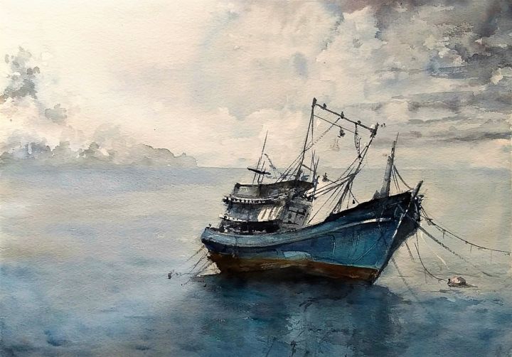 Painting titled "Boats" by José Manuel Ferreira, Original Artwork, Watercolor
