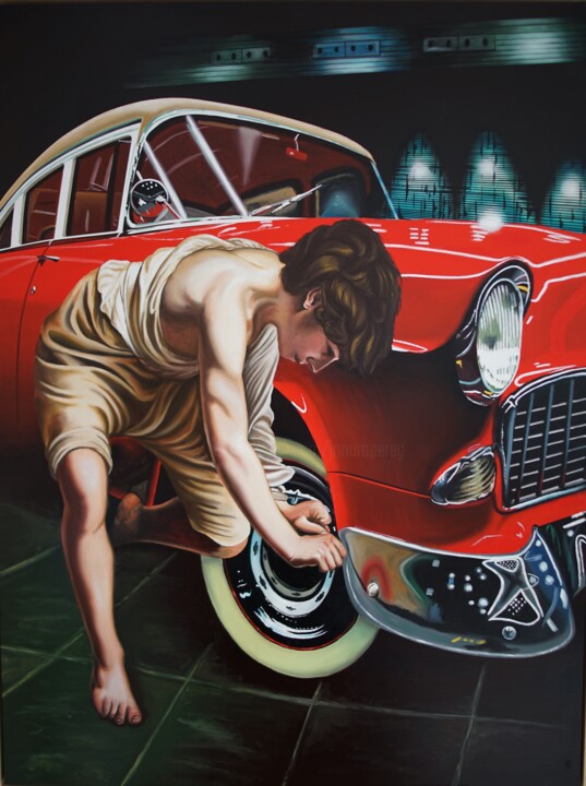 Schilderij getiteld "David at the garage" door Jose Ramon Muro Pereg (JRMuro), Origineel Kunstwerk, Olie