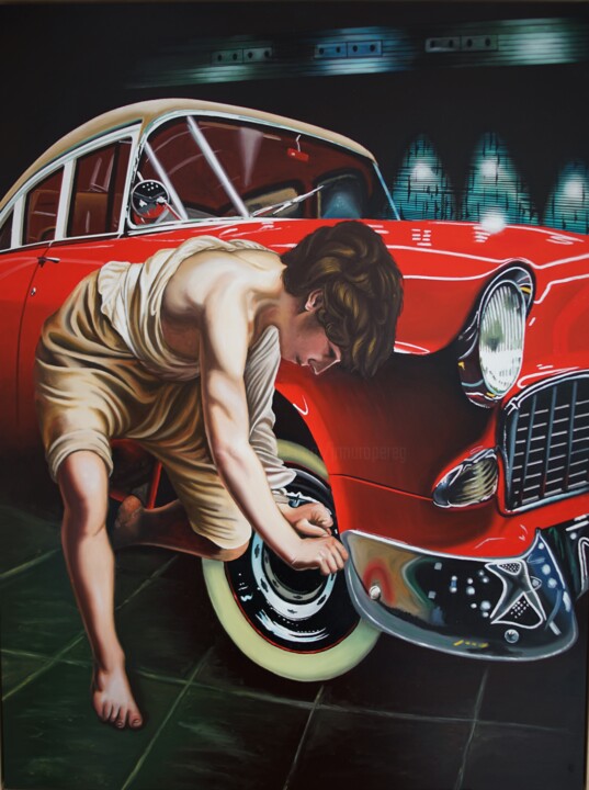 Painting titled "David at the garage" by Jose Ramon Muro Pereg (JRMuro), Original Artwork, Oil