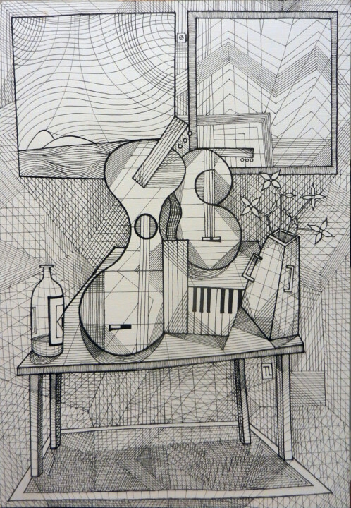 Drawing titled "Mesa de Músico XIX" by José Roberto Teixeira Leite Junior, Original Artwork, Gel pen