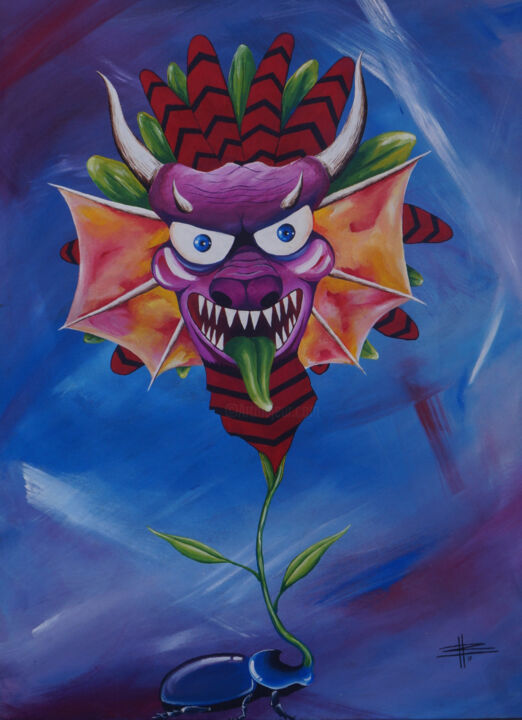 Schilderij getiteld "El Insecto y La Flor" door Jose Rosario, Origineel Kunstwerk, Acryl