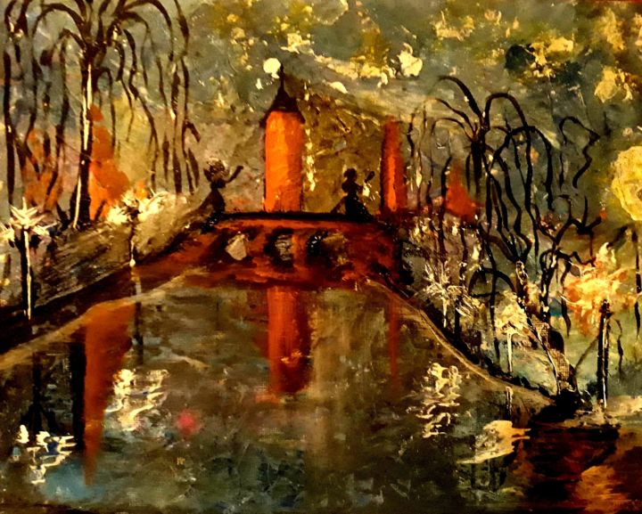 Painting titled "Pont médiéval la nu…" by Jose Sousa, Original Artwork, Acrylic