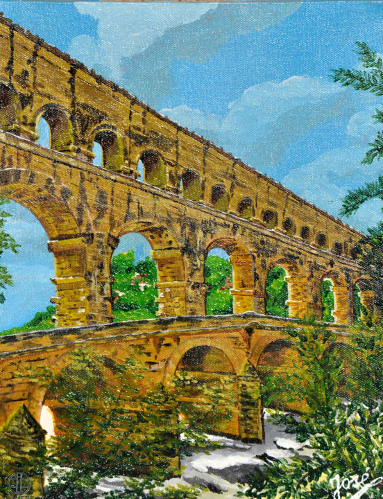 Malerei mit dem Titel "Pont du Gard" von José Van Houteghem, Original-Kunstwerk, Acryl