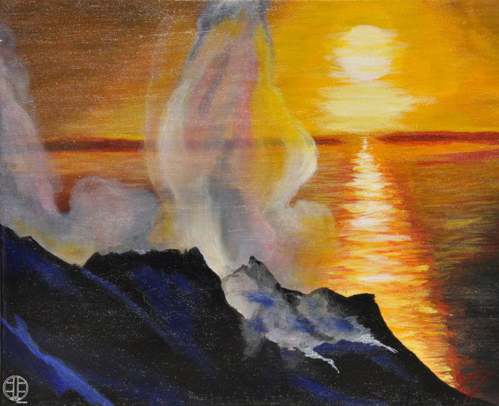 Painting titled "Couché de soleil su…" by José Van Houteghem, Original Artwork, Acrylic