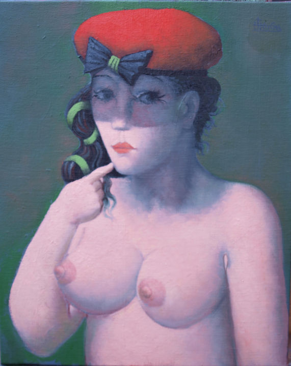 Painting titled "Buste féminin au bé…" by José  Herrera, Original Artwork, Oil
