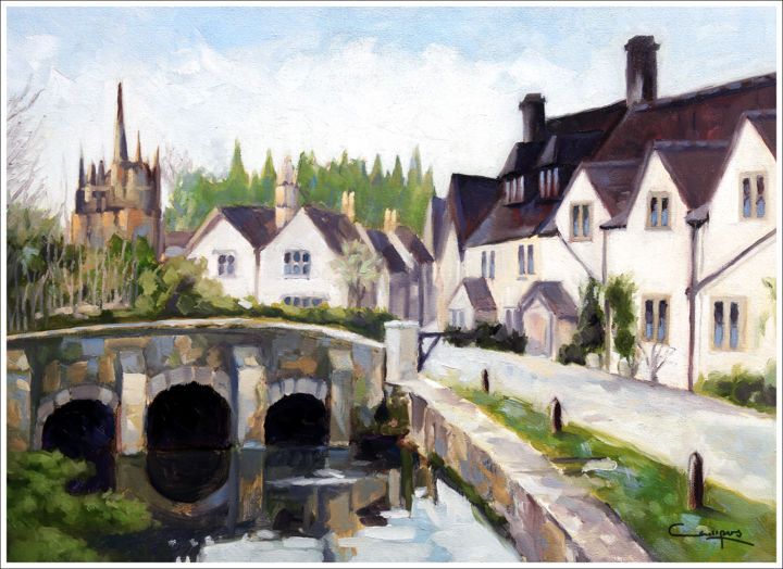 Painting titled ""Castle Combe Bridg…" by Jose Luis Santamaria Campos, Original Artwork, Oil