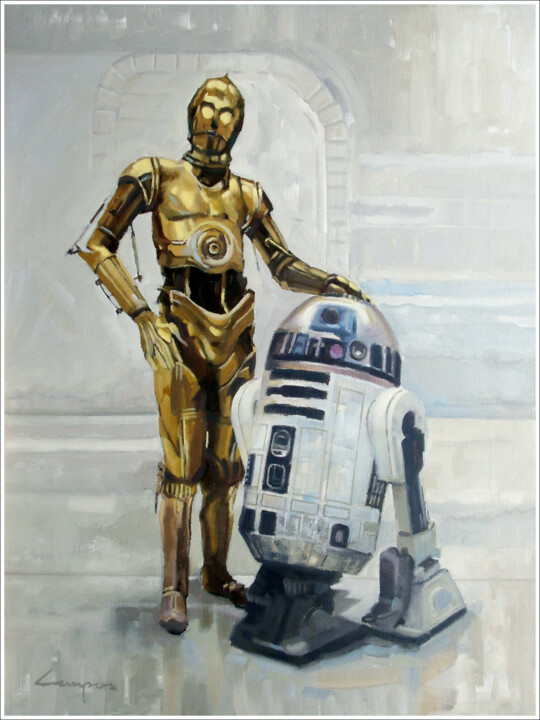 Peinture intitulée ""C-3PO & R2D2 / R2D…" par Jose Luis Santamaria Campos, Œuvre d'art originale, Huile