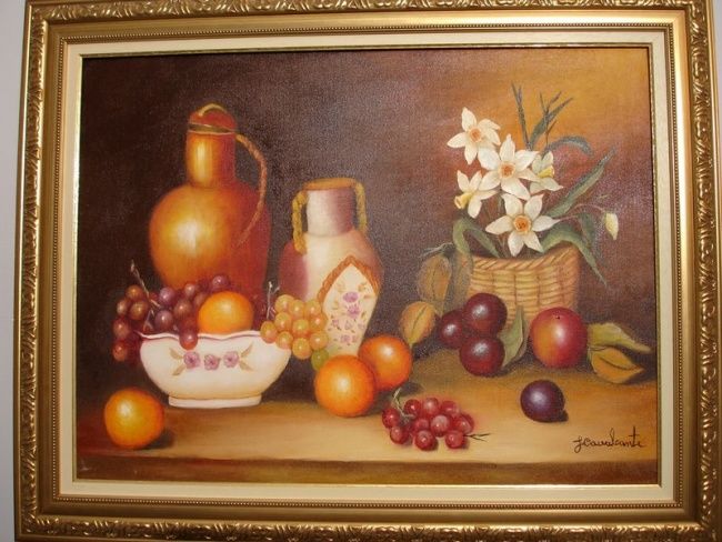 Painting titled "Vasos Frutas e Flor…" by Joseneide Cavalcante Cavalcante, Original Artwork, Oil