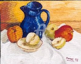 Painting titled "Gerro blau amb pomes" by Josep Lluís Benet Vidal, Original Artwork