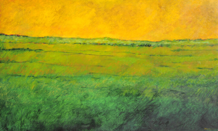 Pintura titulada ""Cel groc i camps v…" por Josep Mª Mejan, Obra de arte original, Oleo Montado en Bastidor standard