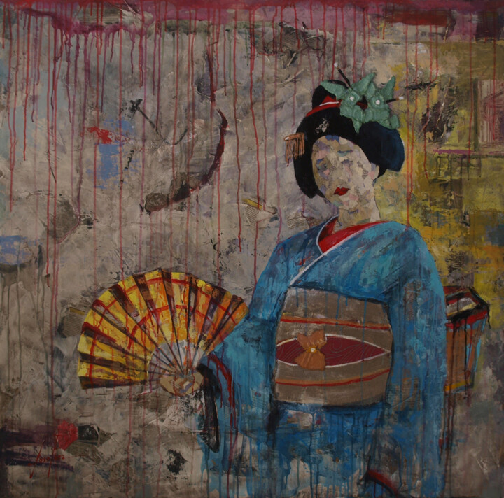 Collages intitulée "SERIE GEISHA 00018" par Josep Pozo, Œuvre d'art originale, Acrylique Monté sur Panneau de bois